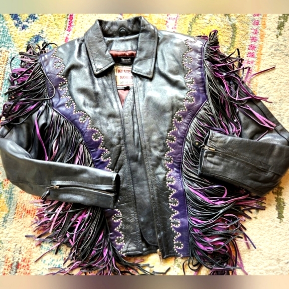 Vintage Jackets & Blazers - VTG 80s Black Leather Pink Purple Fringe Bike Zip Up Elastic Waist Jacket M